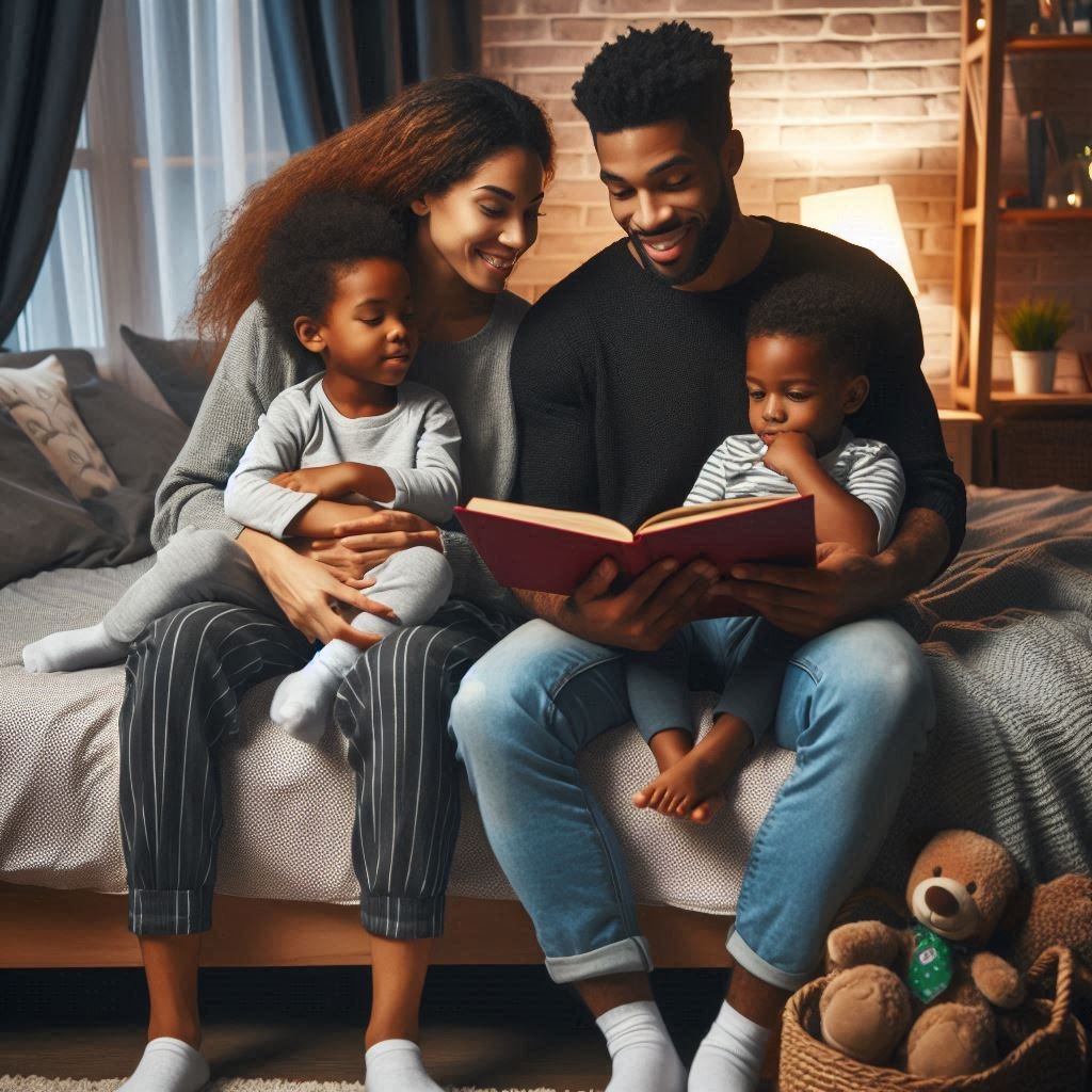 Cozy family setting a bedtime routine with reading a story to kids