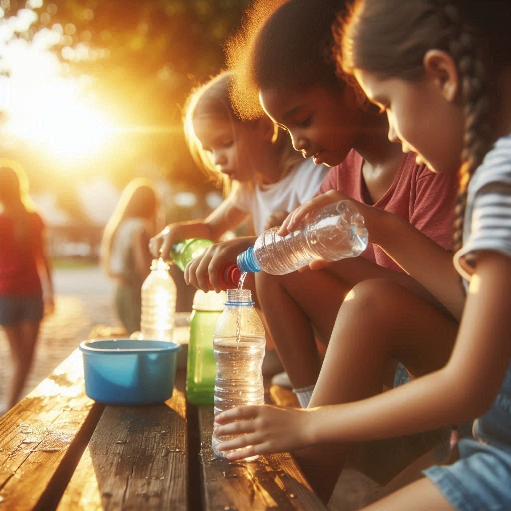 Kids filling up their water bottles, bright sunlight in the background