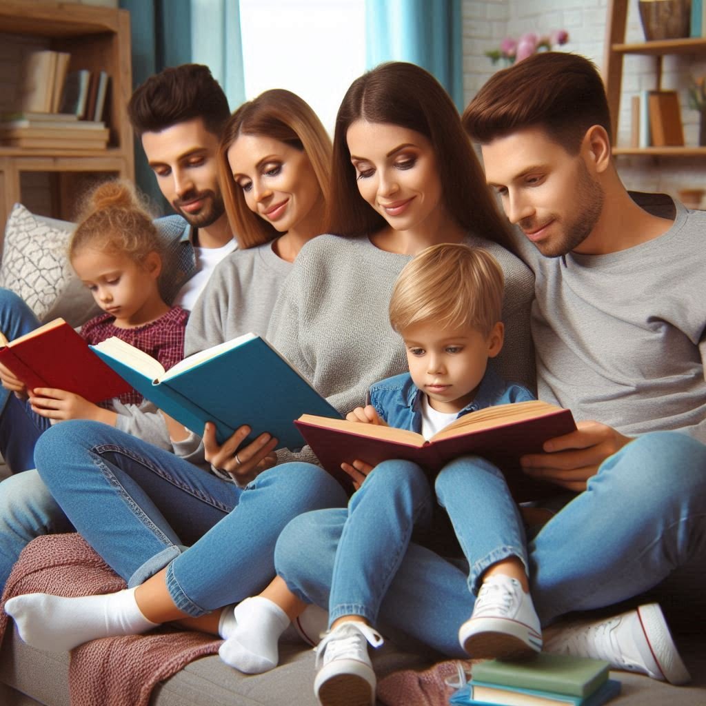 Family sitting on the couch, reading books together instead of watching screens