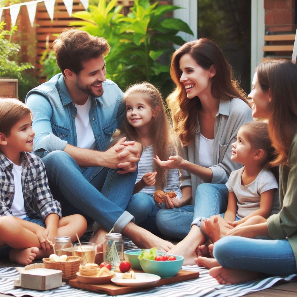 Parents and kids sitting outside together, talking openly and relaxing