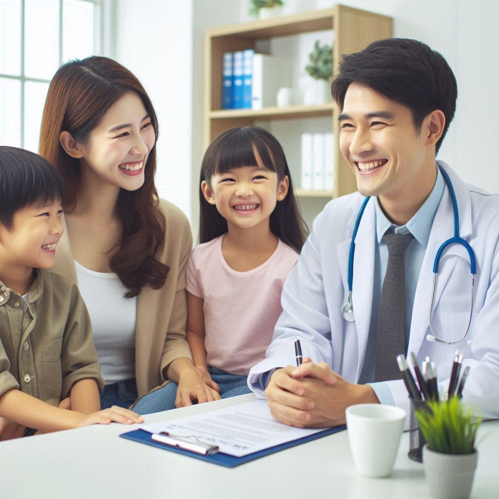 Family in a doctor’s office, smiling and talking to the doctor