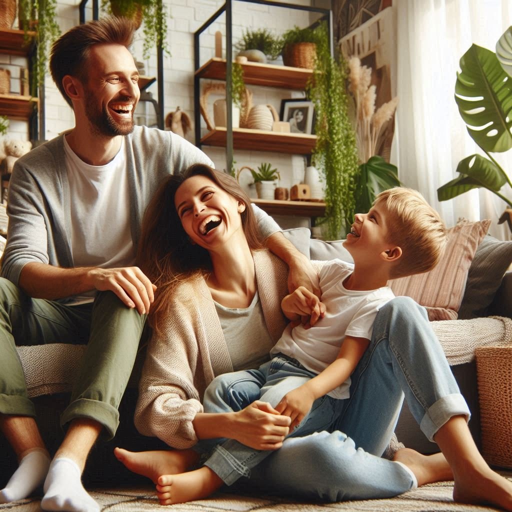 A family in a bright living room with plants and cozy decor, laughing and spending time together